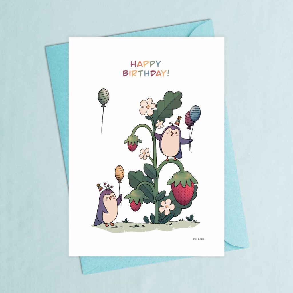 Birthday card Strawberry Penguin A cute birthday card. Penguins standing on a big strawberry plant holding festive balloons.