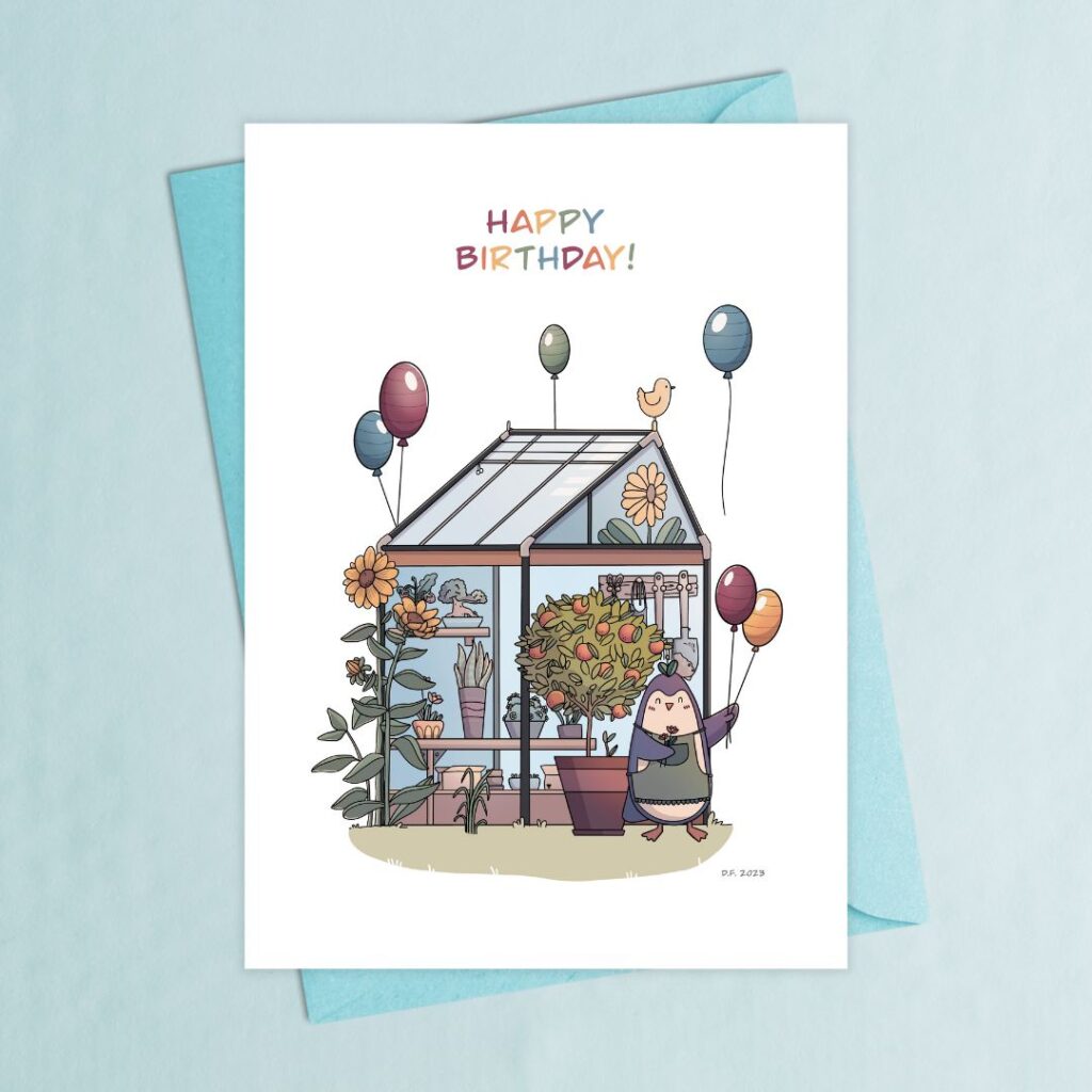 Birthday card greenhouse penguin A cute birthday card. Penguin standing in front of a greenhouse holding festive balloons.