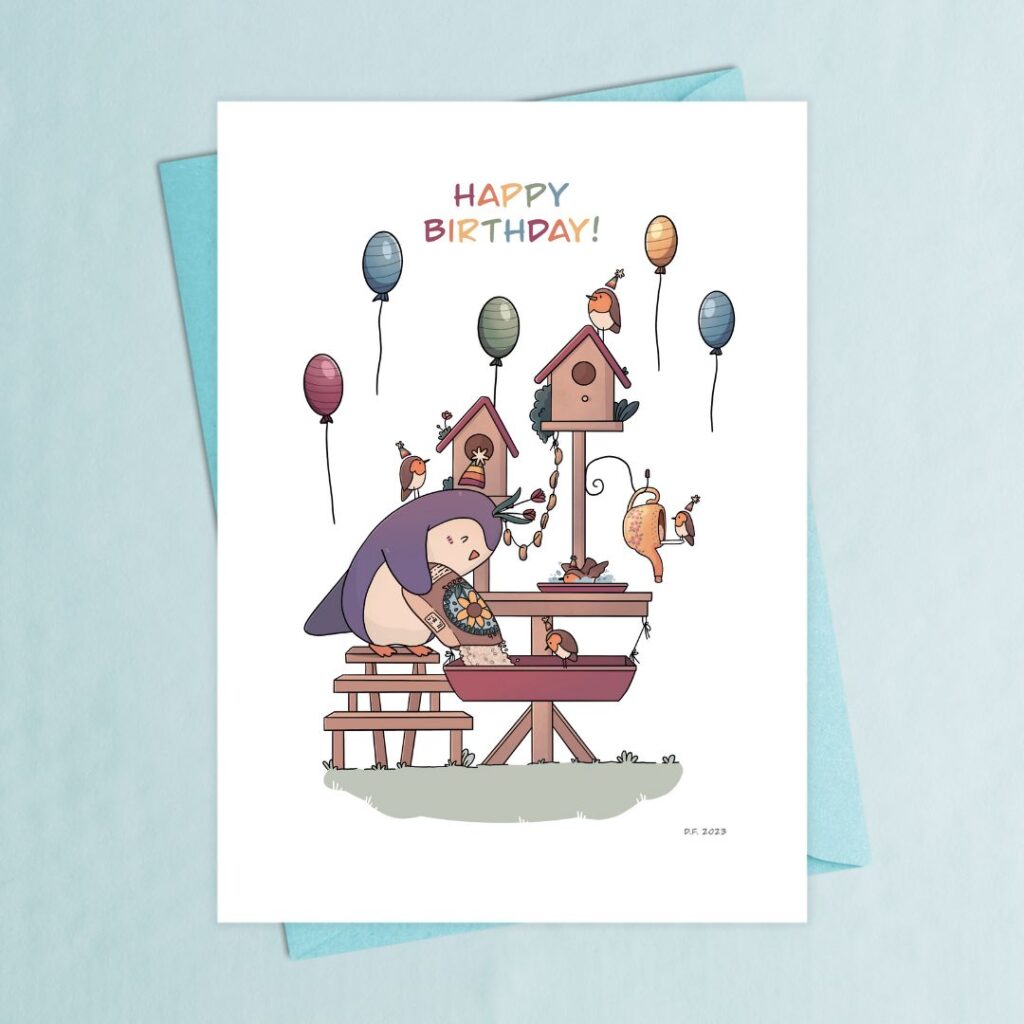 Birthday card bird feeder A cute birthday card. A penguin feeding some hungry robin birds that are perched on an elaborate bird feeder.