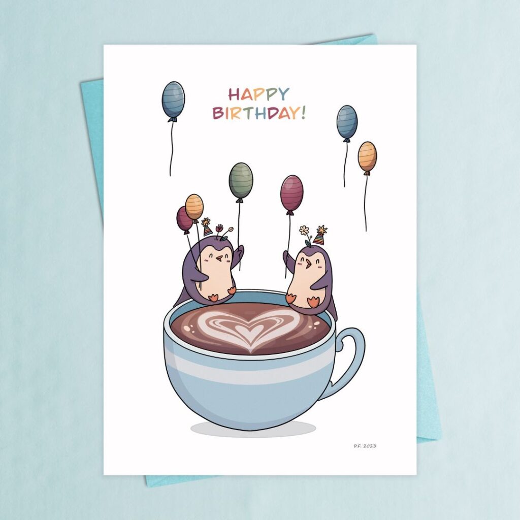 Birthday card Coffee lover A cute birthday card. Two penguins sharing a massive cup of coffee with beautiful latte art, holding festive balloons.